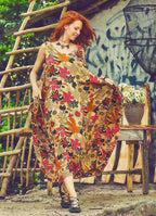Scoop Neck Button Detail Pockets Loose Fit Boho Style Beige Flower Long Dress