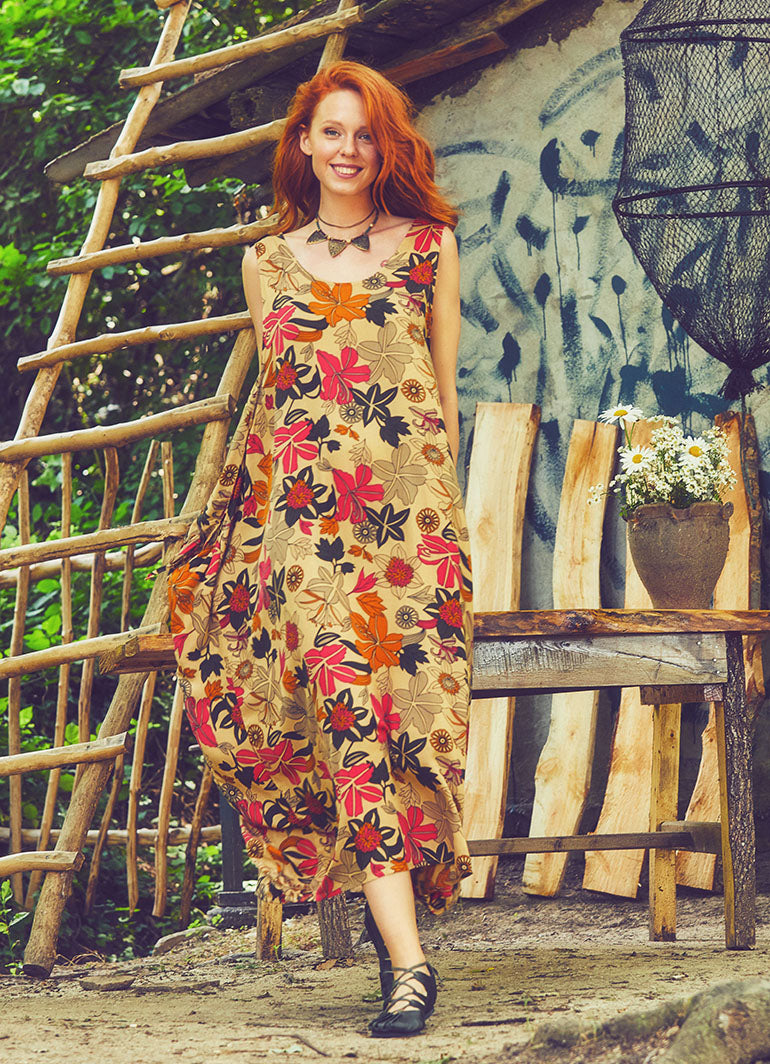 Scoop Neck Button Detail Pockets Loose Fit Boho Style Beige Flower Long Dress