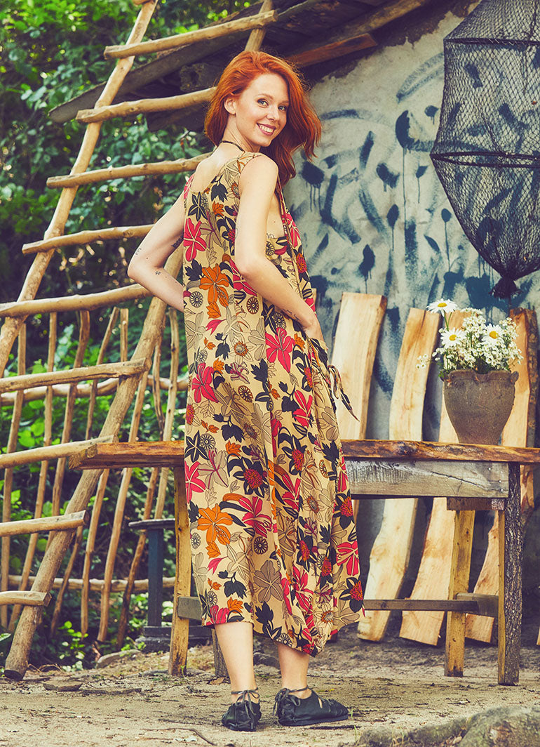 Scoop Neck Button Detail Pockets Loose Fit Boho Style Beige Flower Long Dress