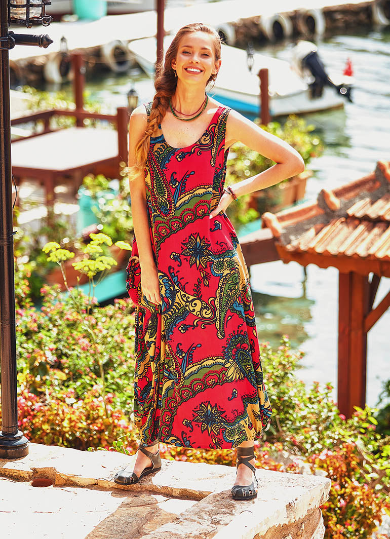 Sleeveless Paisley Print Bohemian Style Loose Fit Maxi Dress