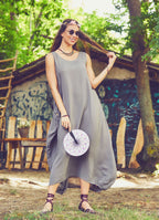 Scoop Neck Button Detail Pockets Loose Fit Boho Style Vizon Long Dress