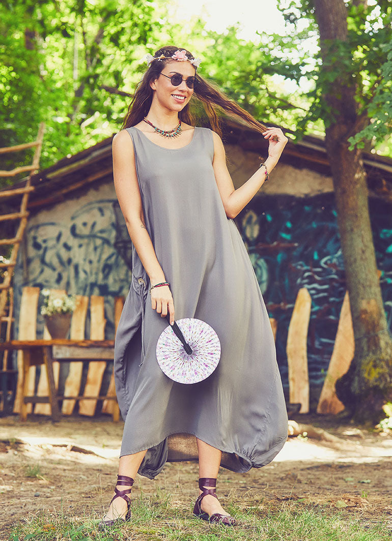 Scoop Neck Button Detail Pockets Loose Fit Boho Style Vizon Long Dress