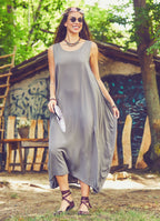 Scoop Neck Button Detail Pockets Loose Fit Boho Style Vizon Long Dress