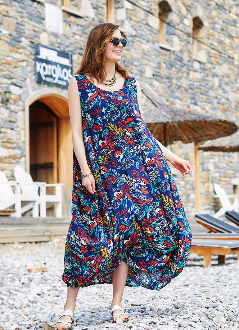 Navy Blue Patterned Scoop Neck Loose Fit Side Pockets Maxi Dress