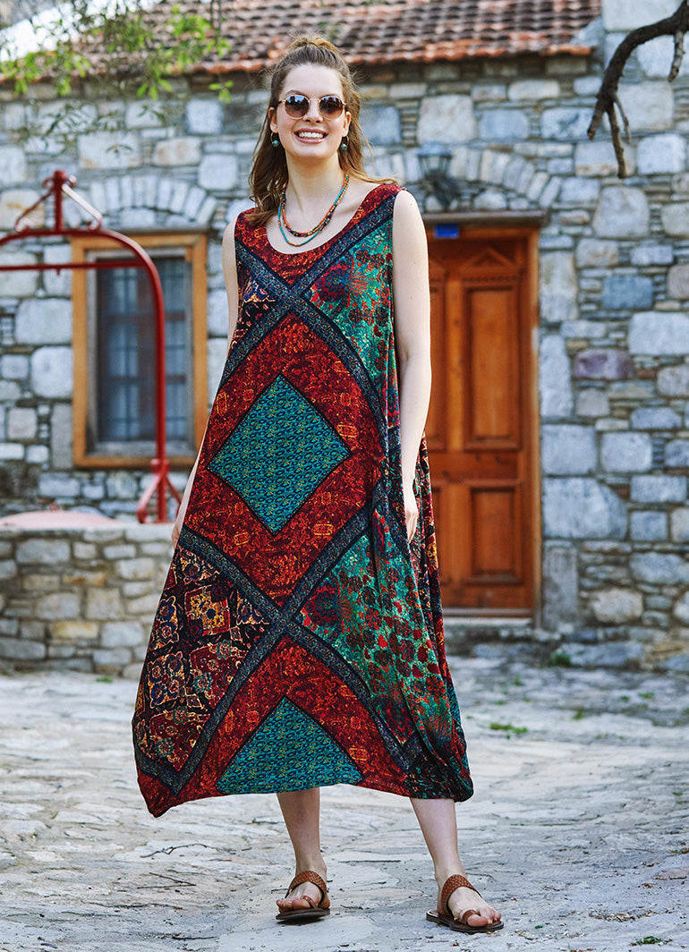 Ethnic Print Pocket Detailed Scoop Neck Loose Fit Maxi Sundress