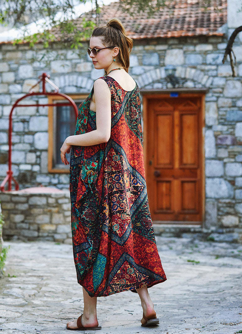 Ethnic Print Pocket Detailed Scoop Neck Loose Fit Maxi Sundress