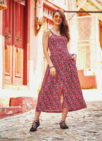 Red Floral Print Boho Style Button Down Sundress