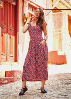 Red Floral Print Boho Style Button Down Sundress