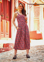 Red Floral Print Boho Style Button Down Sundress