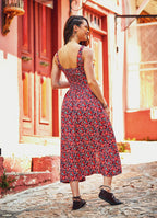 Red Floral Print Boho Style Button Down Sundress