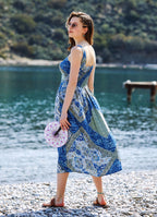 Blue Print Retro Style Button Down Midi Sundress