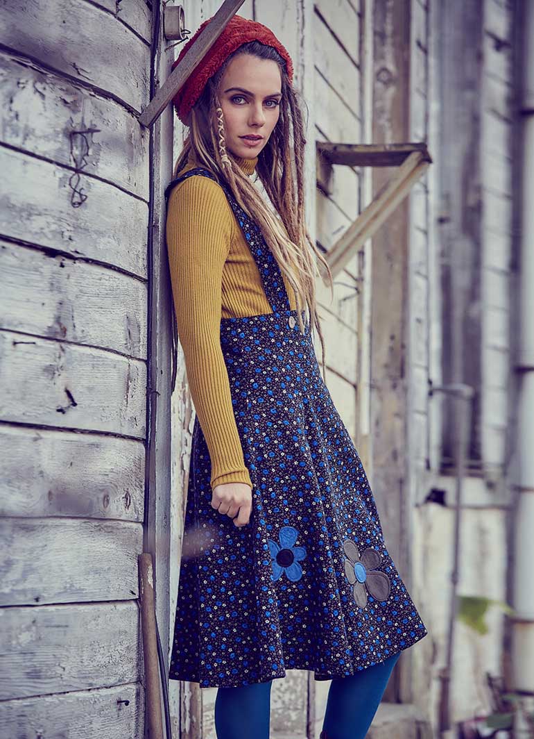 Applique Adjustable Straps Floral Gilet Blue Dress