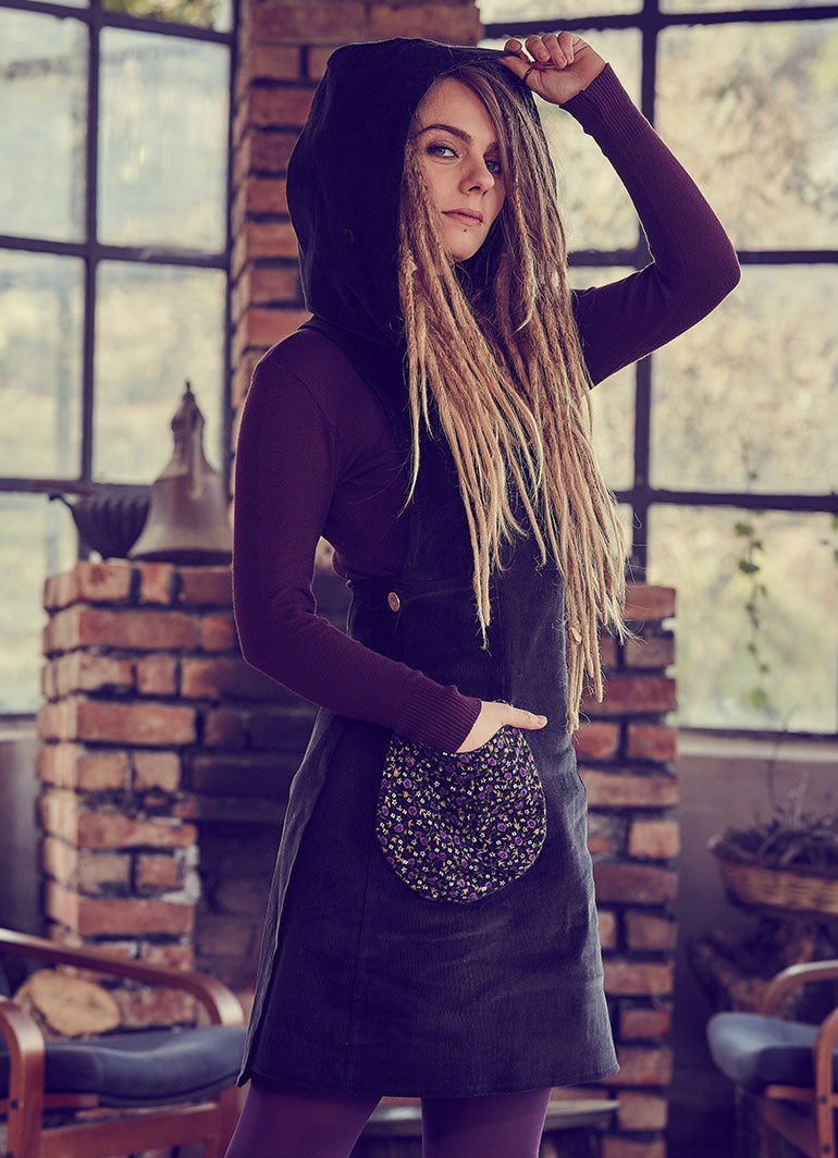 Adjustable Waist Sleeveless Hoodie Velvet Black Dress