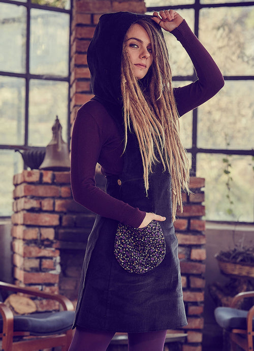 Adjustable Waist Sleeveless Hoodie Velvet Black Dress