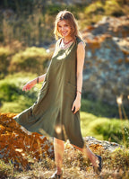 Wrap Detailed Boat Neck Sleeveless Khaki Dress