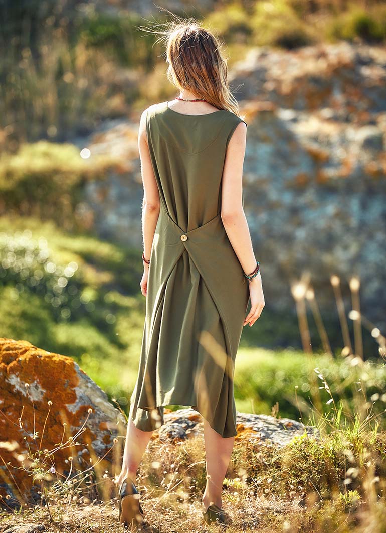 Wrap Detailed Boat Neck Sleeveless Khaki Dress