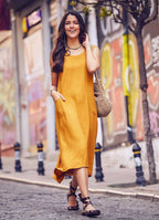 Hippie Wrap Detailed Sleeveless Long Yellow Dress