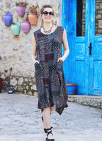 Brown Patterned Bohemian Style Boat Neck Sleeveless Dress