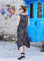 Brown Patterned Bohemian Style Boat Neck Sleeveless Dress