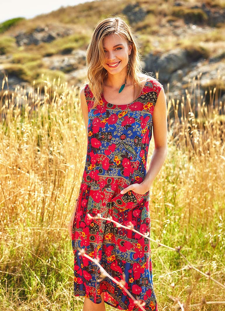 Roma Printed Boat Neck Sleeveless Long Dress