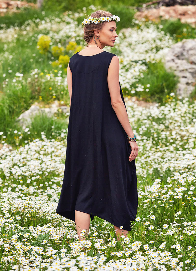 Hippie Wrap Detailed Sleeveless Long Black Dress