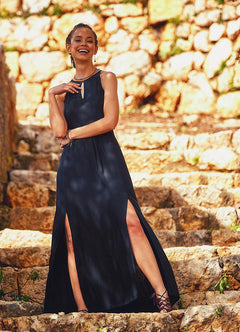 Ethnic Pattern Boho Slit Long Overhead Black Dress