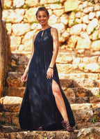 Ethnic Pattern Boho Slit Long Overhead Black Dress