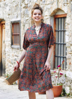 Patterned Button Detailed V Neck Half Sleeve Green Midi Dress 4447