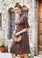 Patterned Button Detailed V Neck Half Sleeve Green Midi Dress 4447