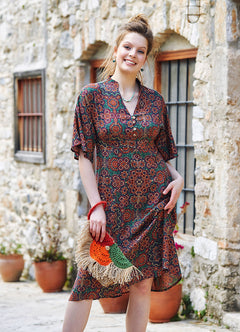 Patterned Button Detailed V Neck Half Sleeve Green Midi Dress 4447