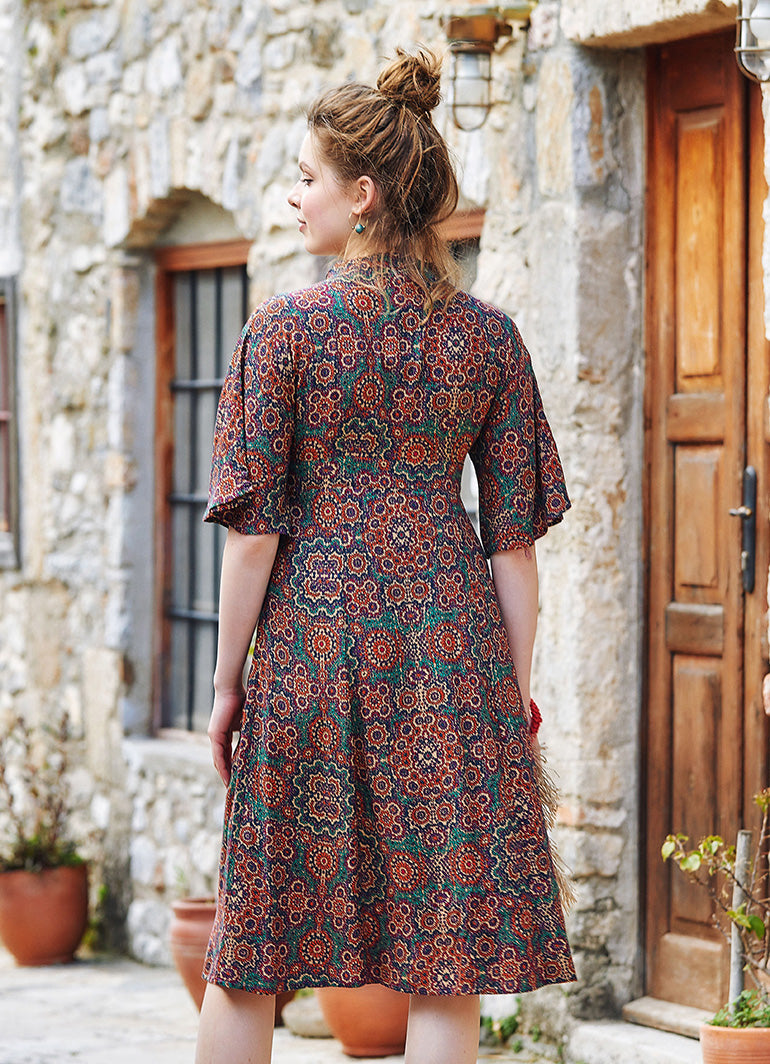 Patterned Button Detailed V Neck Half Sleeve Green Midi Dress 4447