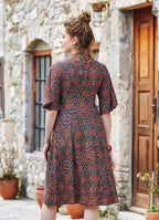 Patterned Button Detailed V Neck Half Sleeve Green Midi Dress 4447