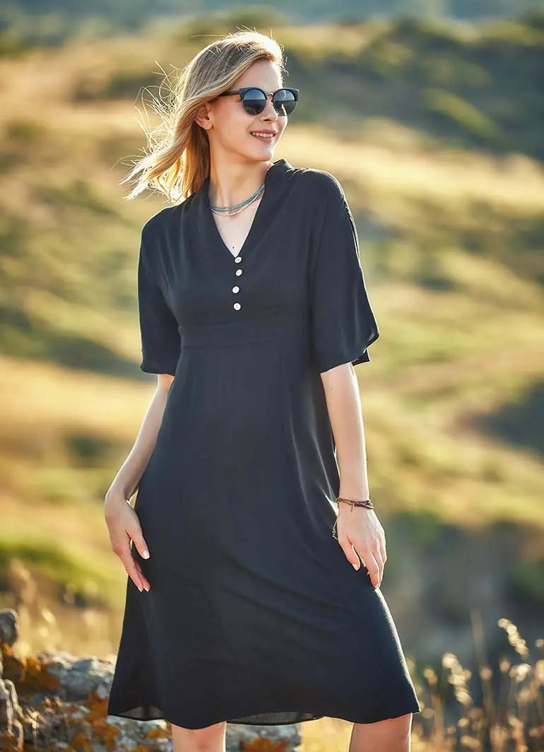 Button Detailed V Neck Half Sleeve Black Midi Dress