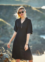 Button Detailed V Neck Half Sleeve Black Midi Dress
