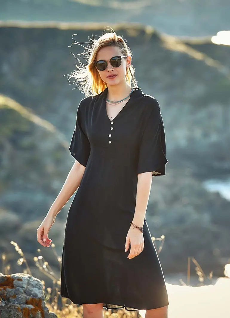 Button Detailed V Neck Half Sleeve Black Midi Dress