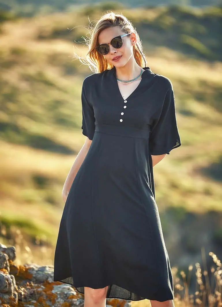 Button Detailed V Neck Half Sleeve Black Midi Dress