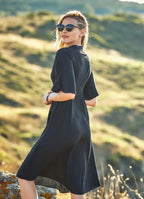 Button Detailed V Neck Half Sleeve Black Midi Dress