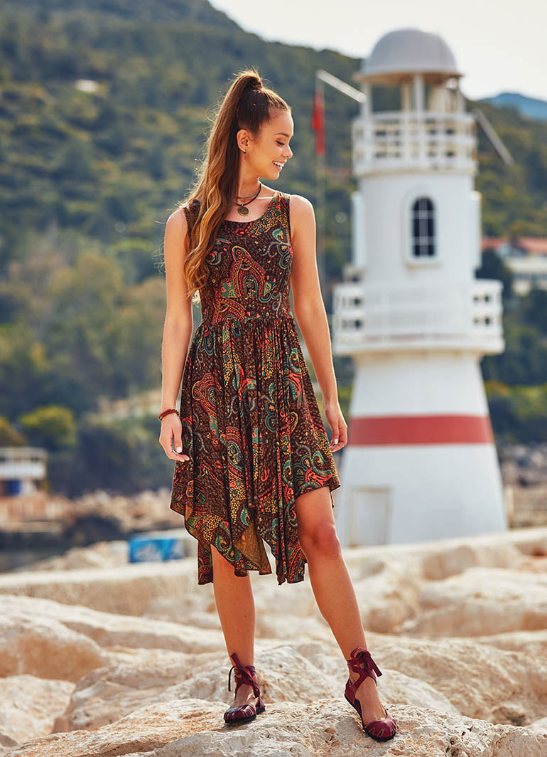 Paisley Asymmetrical Hem Sleeveless Summer Dress