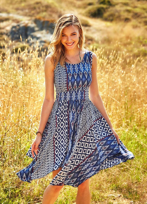 Asymmetrical Hem Boat Neckline Boho Midi Dress