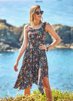 Asymmetrical Hem Detailed, Boat Neck, Back Zipper Closure, Midi Dress