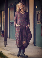 Retro Printed Asymmetrical Hem Long Sleeve Dress