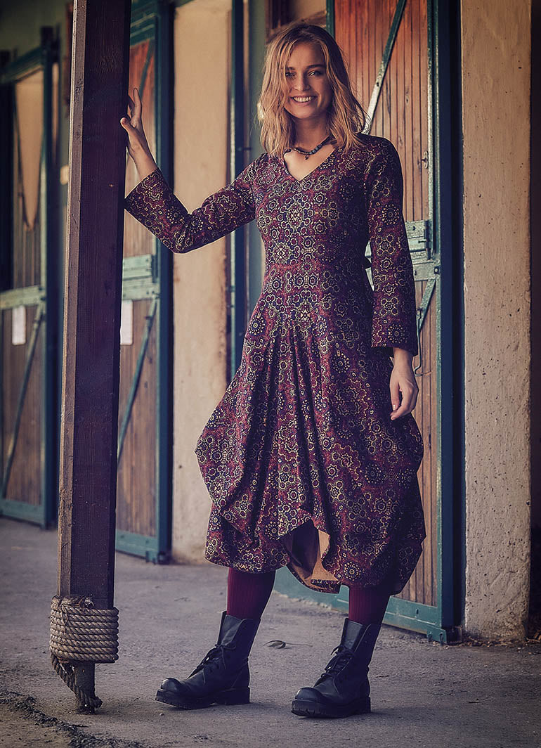 Retro Printed Asymmetrical Hem Long Sleeve Dress
