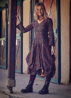 Retro Printed Asymmetrical Hem Long Sleeve Dress