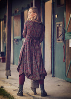 Retro Printed Asymmetrical Hem Long Sleeve Dress
