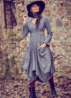 Asymmetrical Hem Tie Waist Long Sleeve Gray Dress