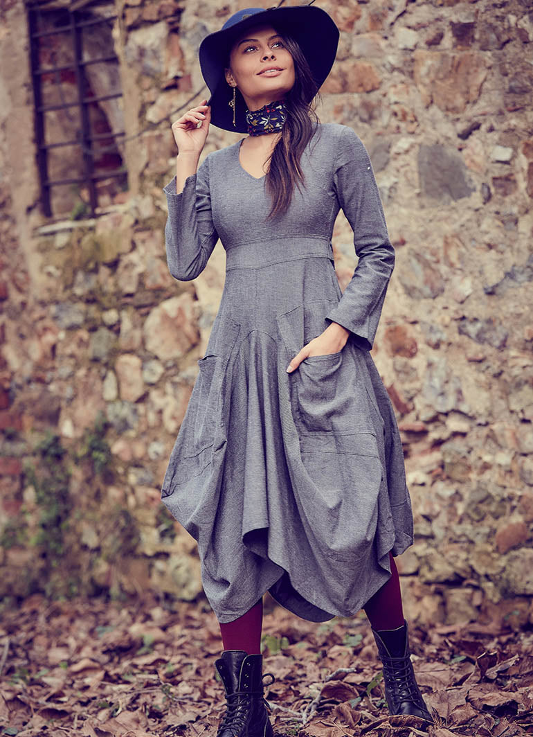 Asymmetrical Hem Tie Waist Long Sleeve Gray Dress
