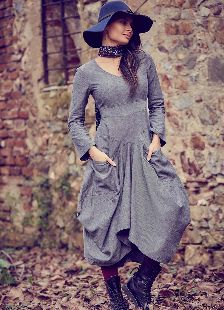 Asymmetrical Hem Tie Waist Long Sleeve Gray Dress