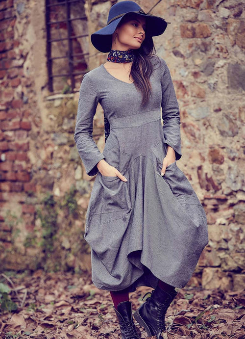 Asymmetrical Hem Tie Waist Long Sleeve Gray Dress