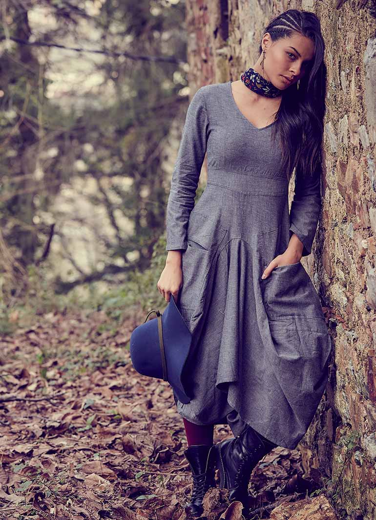 Asymmetrical Hem Tie Waist Long Sleeve Gray Dress