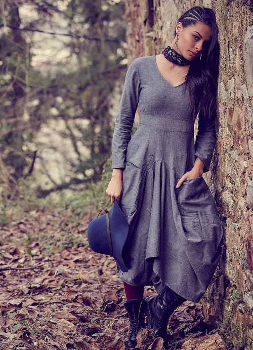 Asymmetrical Hem Tie Waist Long Sleeve Gray Dress